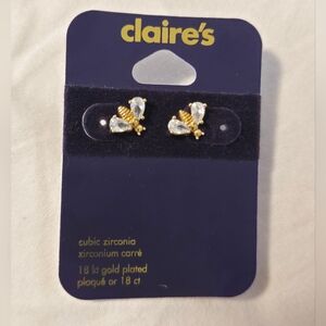 NWT - Claire's 18k Gold Plated Bee Stud Earrings With Cubic Zirconias